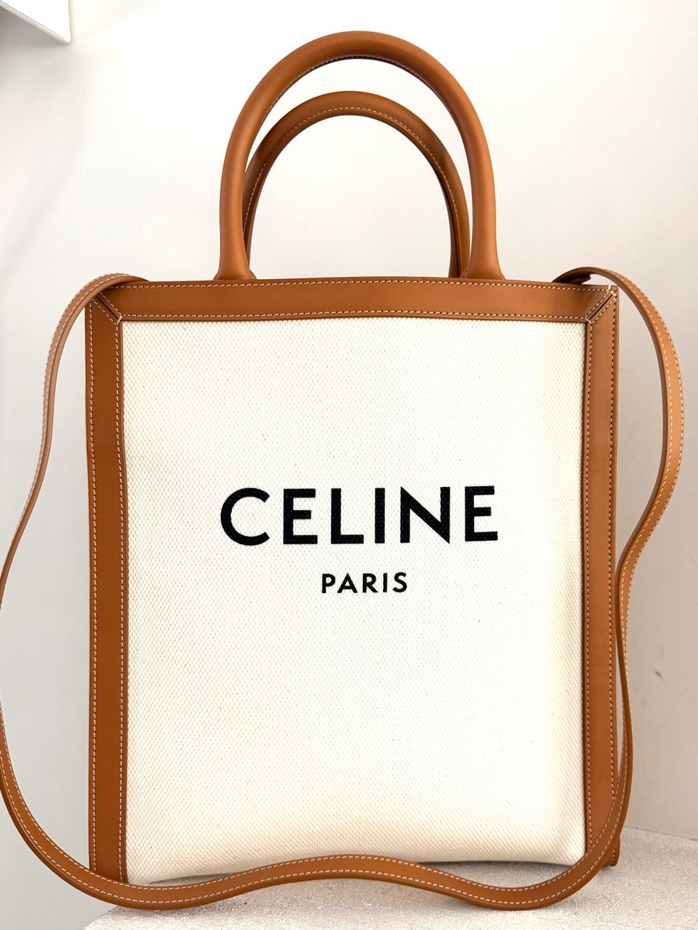 CELINE Small Vertical Cabas Natural Canvas Tan Leather Tote Crossbody